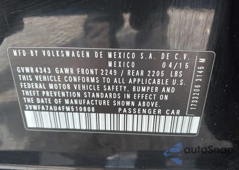 2015 Volkswagen Golf Sportwagen Tdi Se 4-Door from USA, damaged, VIN 3VWFA7AU4FM510808